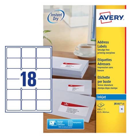 Etichette bianche per buste AVERY QuickDRY™ 63,5x46,6 mm - 18 et/foglio - stampanti inkjet - cf. 25 fogli J8161-25